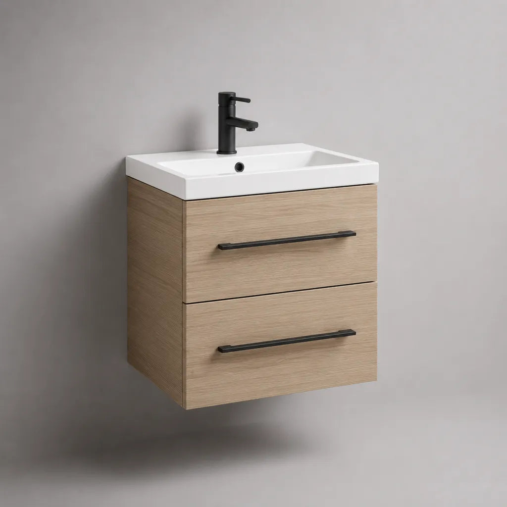 Mobile da bagno sospeso in MDF effetto rovere beige con lavabo rettangolare in ceramica e 2 cassetti, 60 × 46 × 60 cm