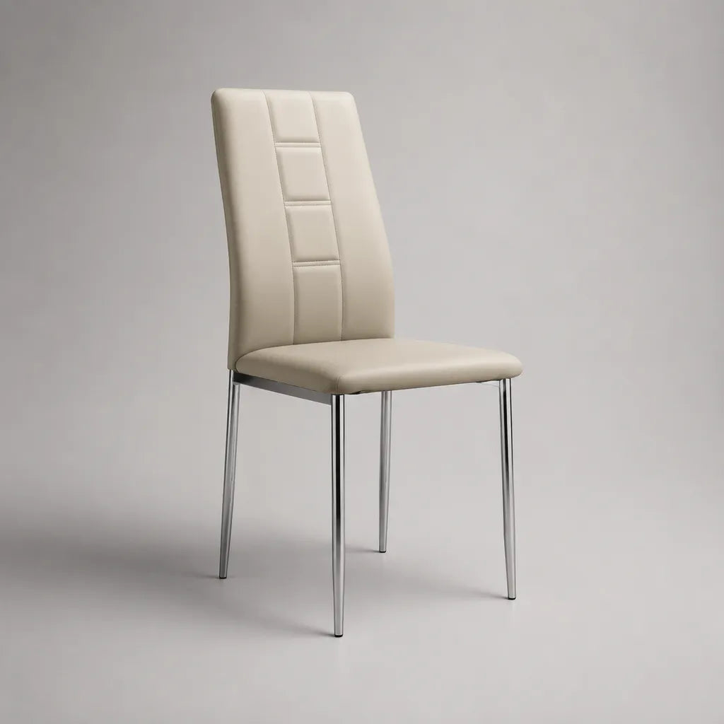 Sedia da pranzo imbottita in pelle sintetica e metallo, schienale curvo, beige e argento, 43 x 54 x 98 cm