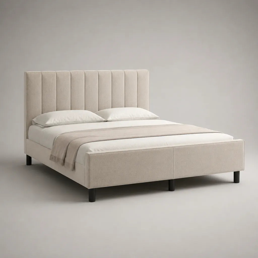 Letto matrimoniale imbottito in tessuto beige 160 × 200 cm, dimensioni 172 × 215 × 120 cm, testiera a pannelli verticali