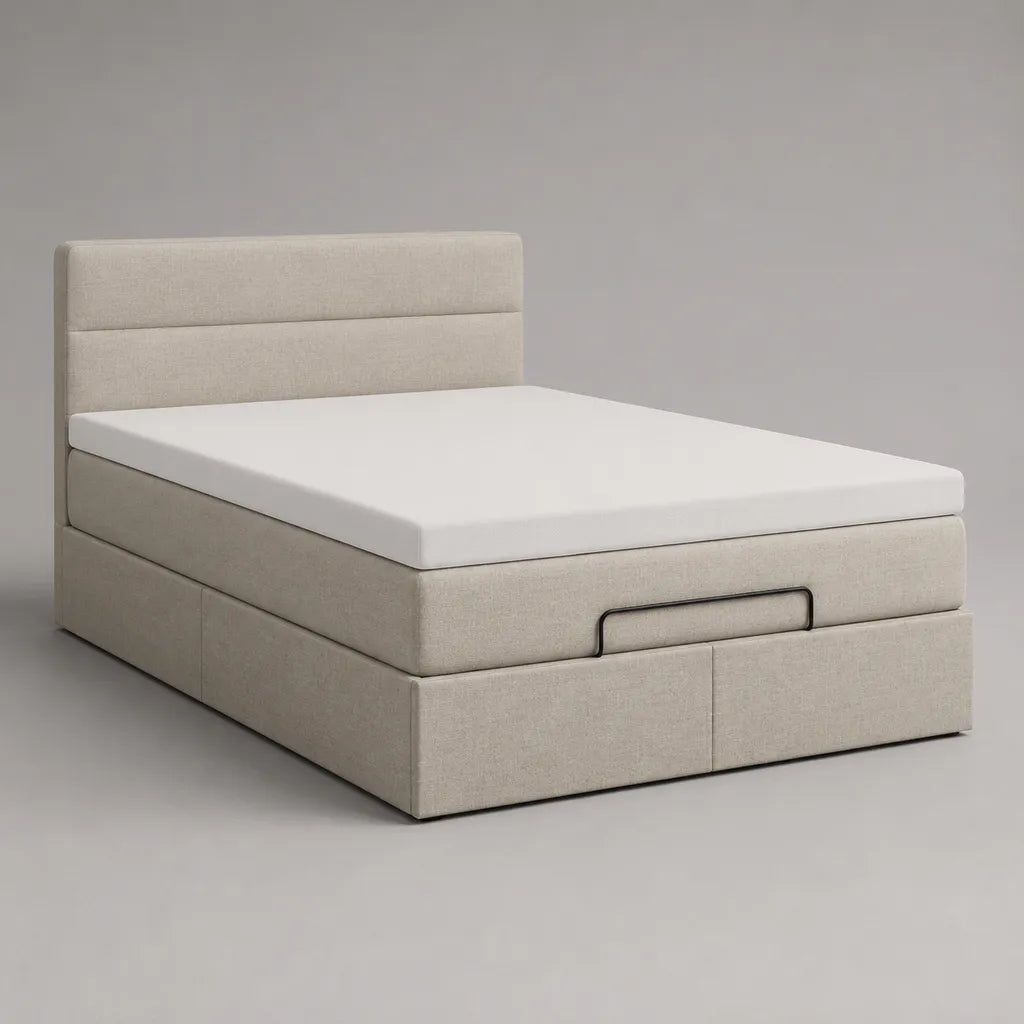 Letto matrimoniale contenitore imbottito in tessuto beige, 170 x 215 x 110 cm, rete 160 x 200 cm