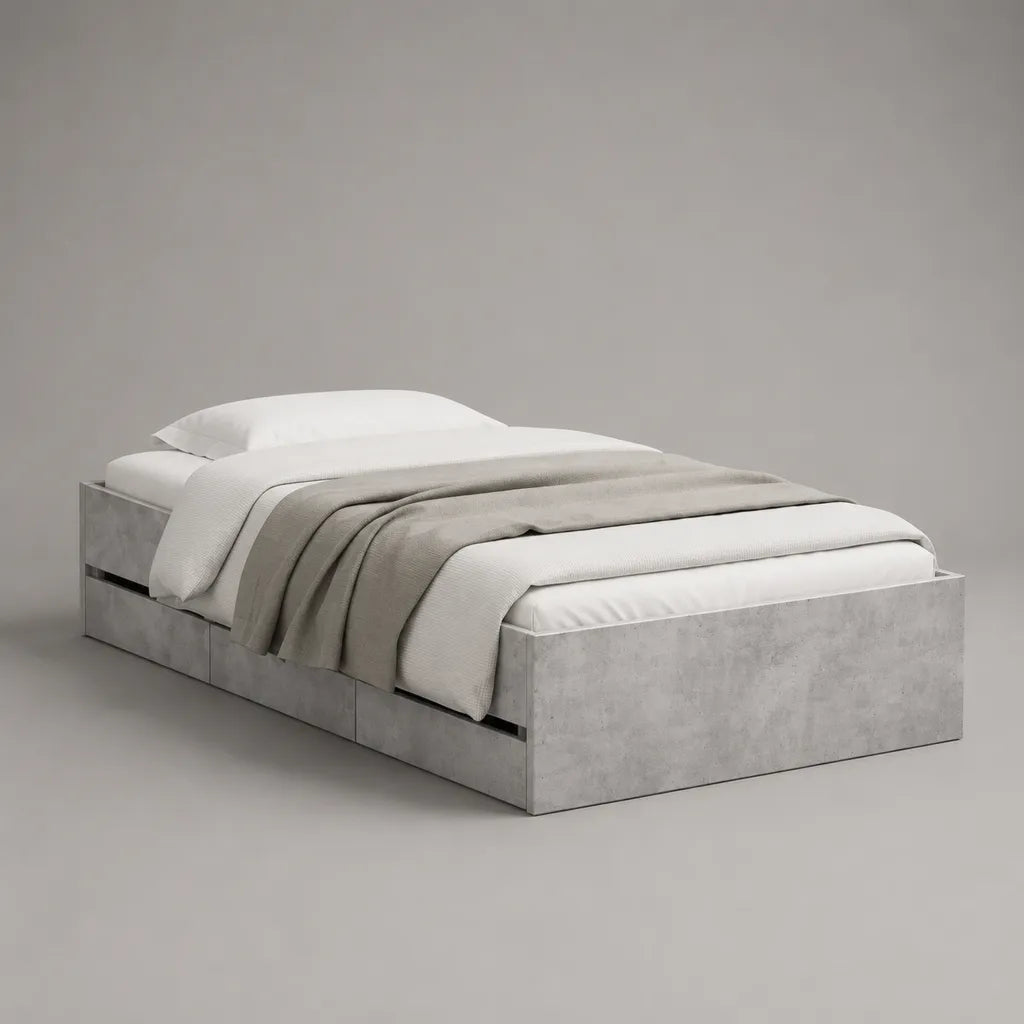 Struttura letto una piazza e mezza in legno con 2 cassetti, grigio cemento, per materasso 140 x 200 cm, dimensioni 205 x 145 x 50 cm