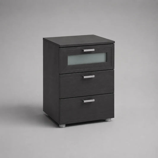 Comodino alto rettangolare nero con 3 cassetti in truciolare melaminico e vetro satinato, 45 x 40 x 70 cm