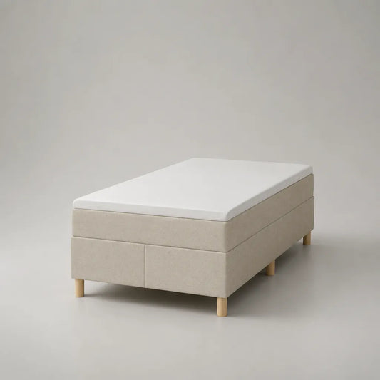 Letto continentale singolo in tessuto beige e bianco con materasso e sovramaterasso, 90 × 200 cm