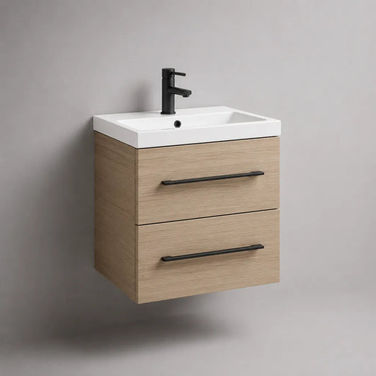 Mobile da bagno sospeso in MDF effetto rovere beige con lavabo rettangolare in ceramica e 2 cassetti, 60 × 46 × 60 cm