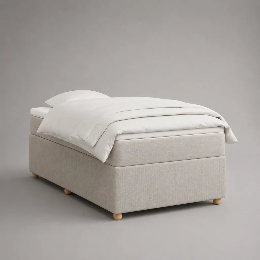 Letto singolo beige chiaro con base imbottita e materasso in schiuma, 90 x 200 cm