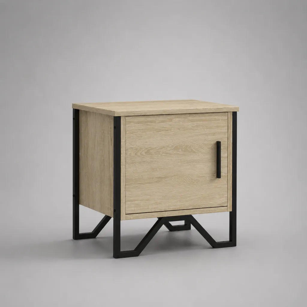 Comodino con anta in pannello truciolare melaminico e acciaio, rovere chiaro e nero, 45 × 40 × 55 cm