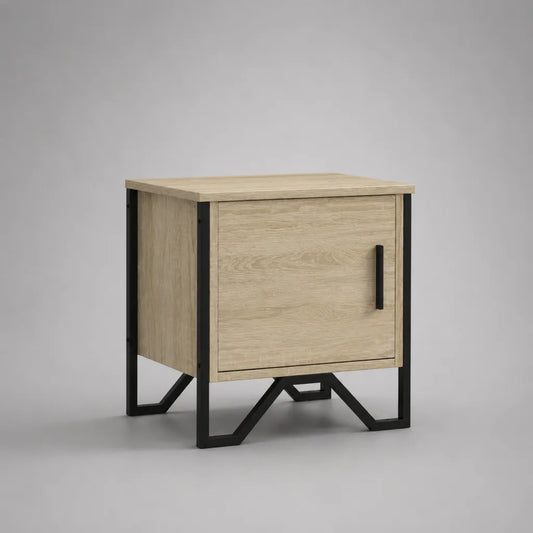 Comodino con anta in pannello truciolare melaminico e acciaio, rovere chiaro e nero, 45 × 40 × 55 cm