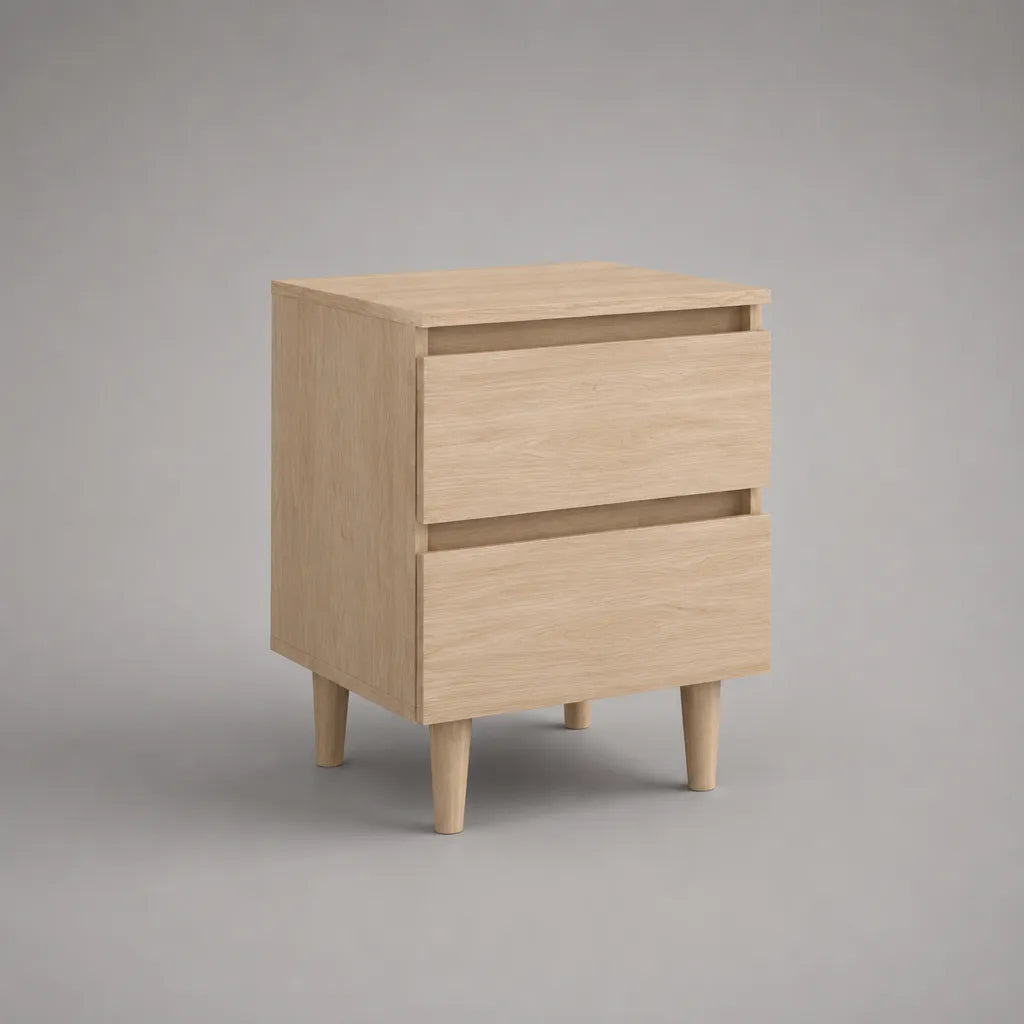 Comodino rettangolare con 2 cassetti in pannello truciolare melaminico e legno massello, rovere chiaro, 45 × 35 × 60 cm