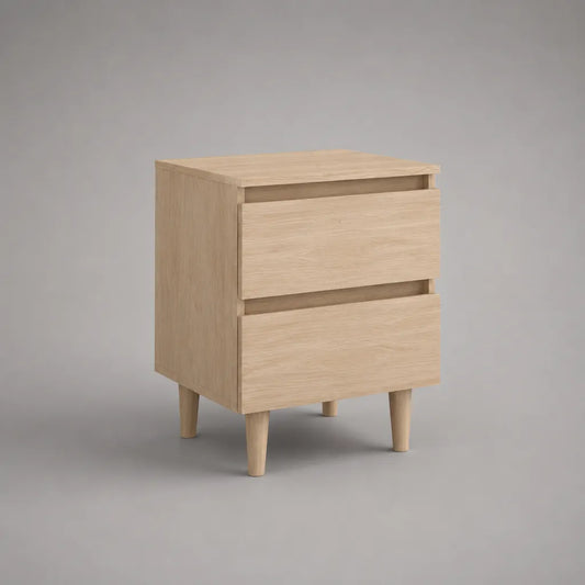 Comodino rettangolare con 2 cassetti in pannello truciolare melaminico e legno massello, rovere chiaro, 45 × 35 × 60 cm