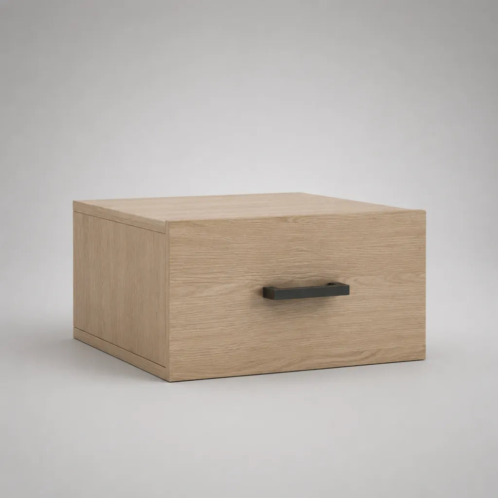 Comodino sospeso rettangolare in truciolare melaminico con 1 cassetto, rovere chiaro e nero, 45 × 35 × 25 cm