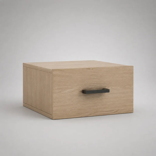 Comodino sospeso rettangolare in truciolare melaminico con 1 cassetto, rovere chiaro e nero, 45 × 35 × 25 cm
