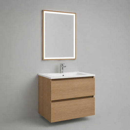Mobile sottolavabo sospeso in legno con lavabo in ceramica, rovere naturale e bianco, 80 × 46 × 60 cm
