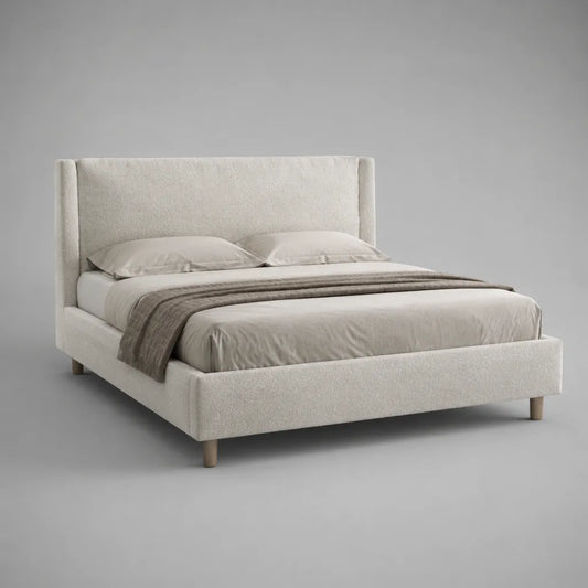 Letto matrimoniale imbottito in tessuto bouclé bianco crema, per materasso 160 × 200 cm, dimensioni 174 × 218 × 112 cm