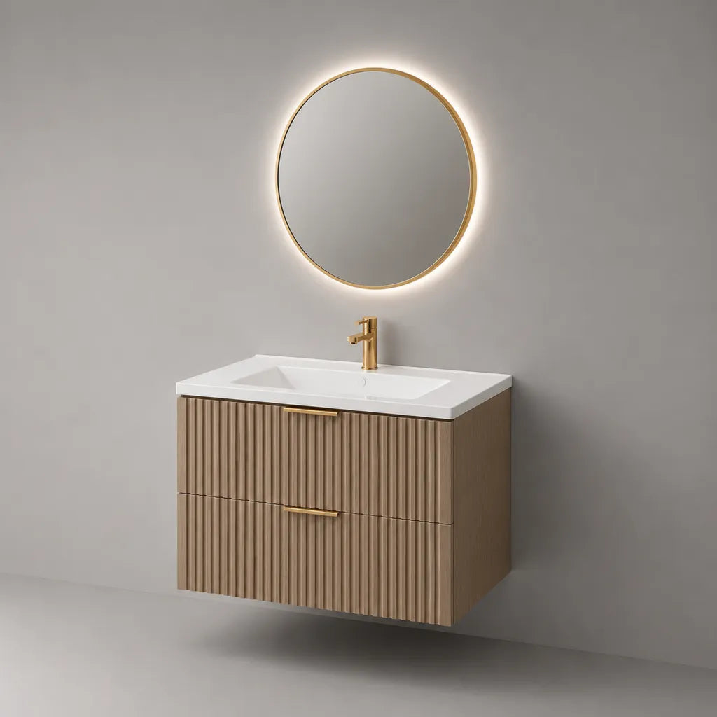 Mobile bagno sospeso rettangolare in legno con lavabo in ceramica e 2 cassetti scanalati, tortora, bianco e oro, 80 x 46 x 55 cm