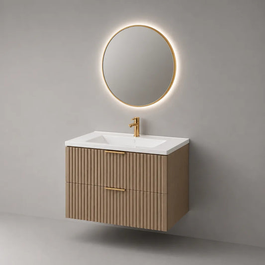 Mobile bagno sospeso rettangolare in legno con lavabo in ceramica e 2 cassetti scanalati, tortora, bianco e oro, 80 x 46 x 55 cm