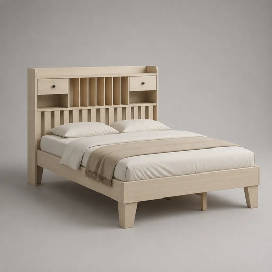 Letto matrimoniale in legno e MDF rovere sbiancato con testiera contenitore e rete a doghe, 170 x 215 x 180 cm, per materasso 160 x 200 cm