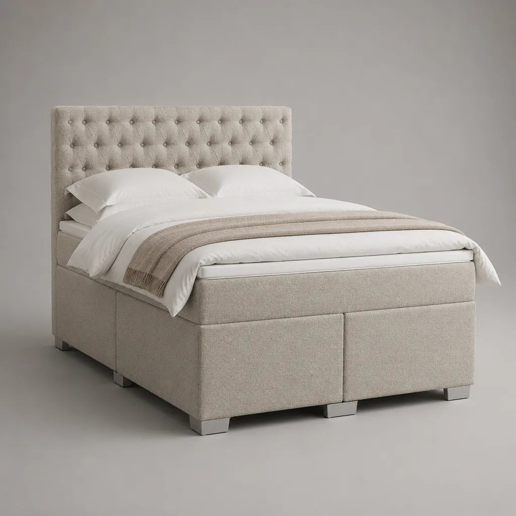 Letto matrimoniale imbottito 160 × 200 cm in tessuto bouclé beige con testiera capitonné, 170 × 215 × 125 cm