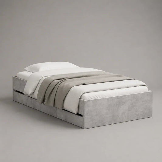 Struttura letto una piazza e mezza in legno con 2 cassetti, grigio cemento, per materasso 140 x 200 cm, dimensioni 205 x 145 x 50 cm