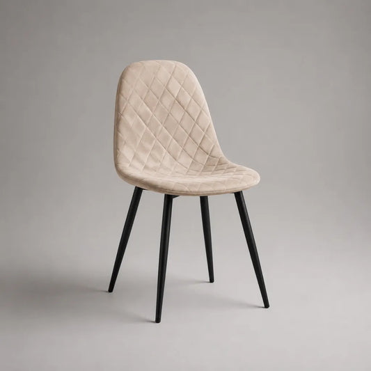 Sedia da pranzo imbottita in velluto di poliestere beige con gambe in acciaio nero, 48 × 55 × 84 cm