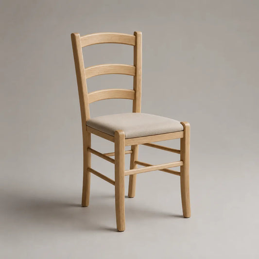 Sedia da pranzo in legno con seduta imbottita beige e schienale a scala, 43 × 47 × 91 cm