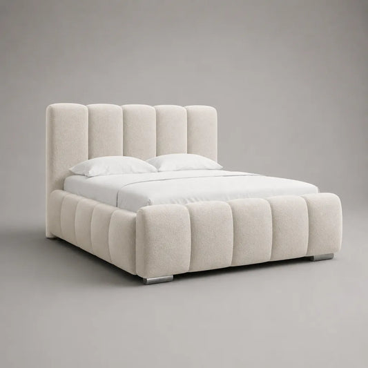 Letto matrimoniale imbottito 160 x 200 cm in poliestere bouclé avorio con testiera a pannelli