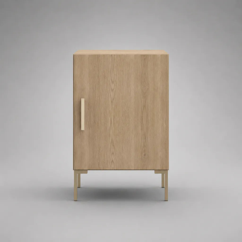 Comodino rettangolare con anta in pannello truciolare effetto rovere naturale e gambe in acciaio beige, 45 x 35 x 70 cm