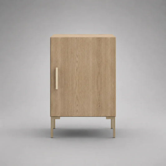 Comodino rettangolare con anta in pannello truciolare effetto rovere naturale e gambe in acciaio beige, 45 x 35 x 70 cm